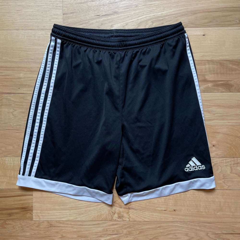 Adidas Black and White Performance Shorts with Signature Stripes